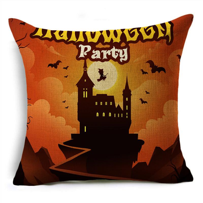 Orange Scary Halloween Night Witch Haunted House Linen Throw Pillowcase Decorative Cushion Cover For Sofa Livingroom Party