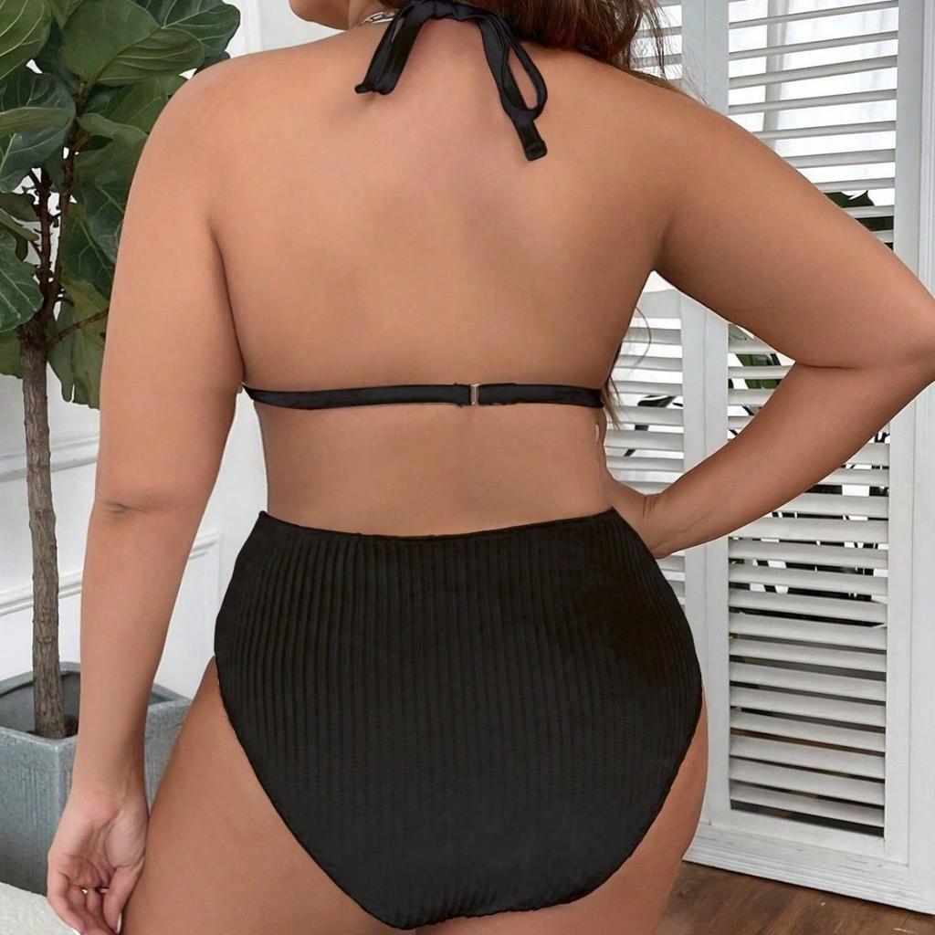 1011 new European and American neck strap backless large size swimsuit women's high waist sexy bikini split swimsuit