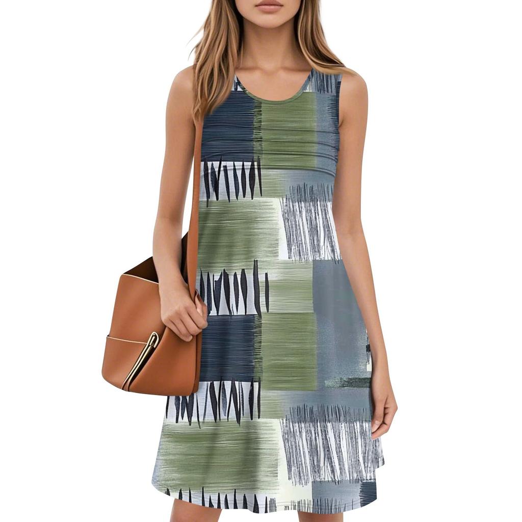 Женские летние платья с круглым вырезом, плиссировкой спереди, без рукавов, карманами, сарафаном, повседневным платьем