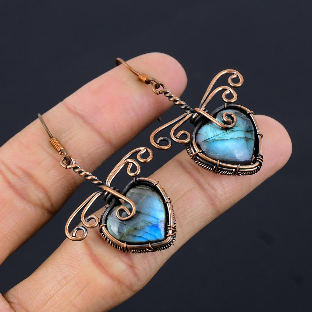 Серьги из лабрадорита, обернутые медной проволокой 999 пробы, Ювелирные изделия с драгоценными камнями ручной работы, Подарки для жены, Совершенно новые серьги
