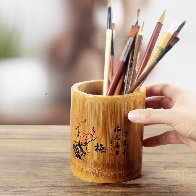 Бамбуковый резной круглый многофункциональный держатель для ручек школьный офисный рабочий стол креативные демонстрационные принадлежности канцелярский ящик для хранения