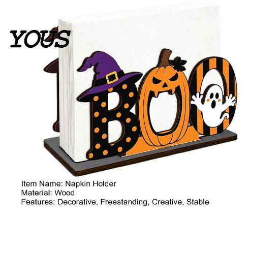 Cartoon Style Table Centerpiece Halloween Wooden BOO Napkin Holder, Ghost Pumpkin Witch Hat Paper Towel Desktop Holiday Decoration Wood for Home Party