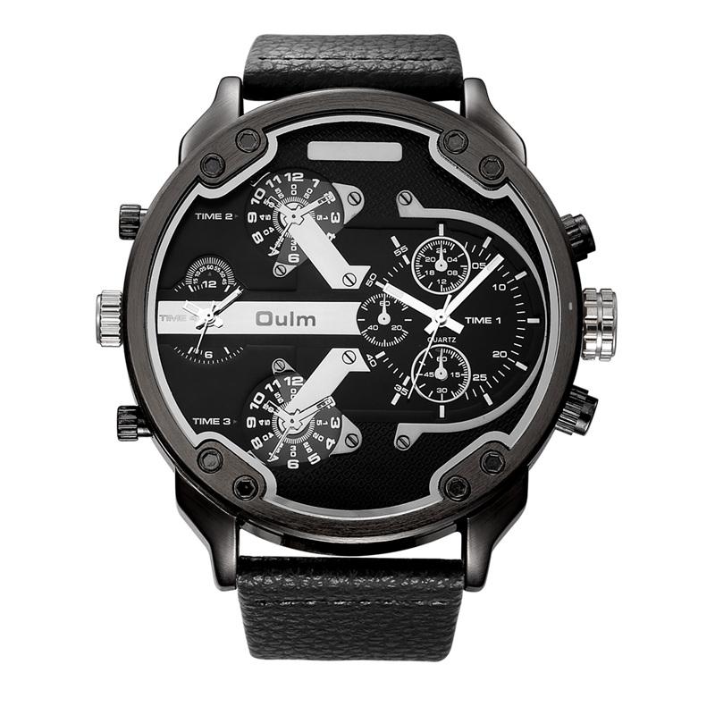 Мужские часы с большим циферблатом, двумя часовыми поясами, кварцевый механизм