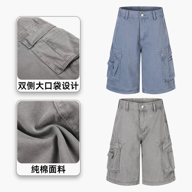 Mens Womens Denim Shorts American Street Style Washed Distressed Cargo Loose Fit Multi-Pocket 5 Inch Inseam