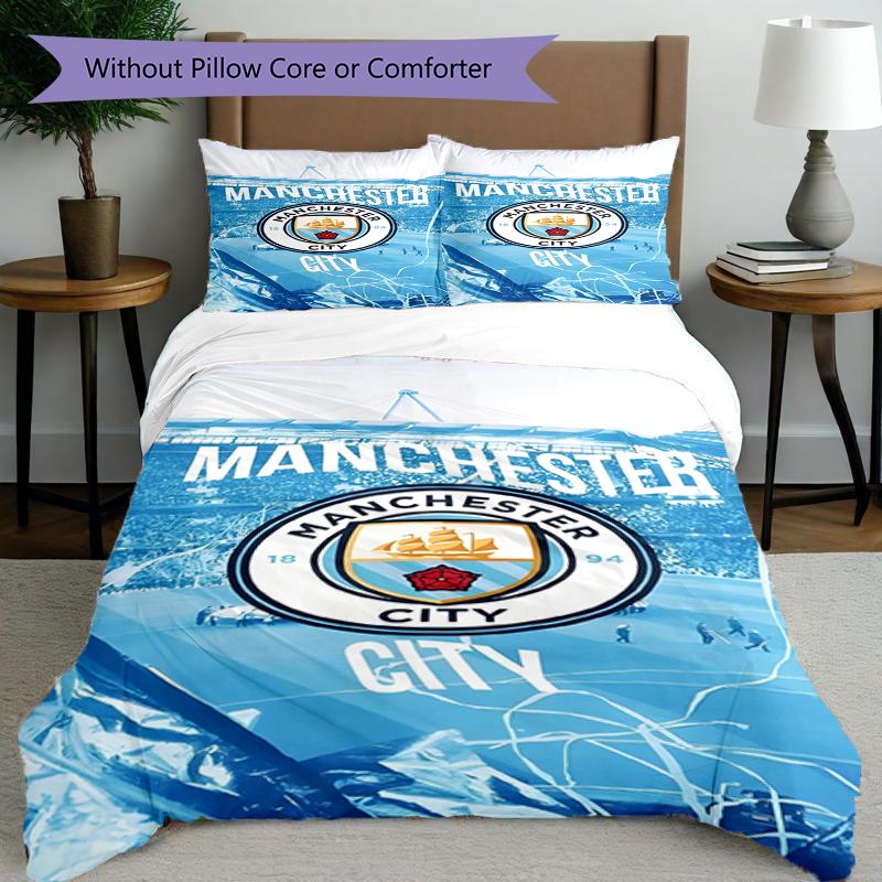 3pcs Duvet Cover Set (1*Duvet Cover + 2*Pillowcase, Without Core),Manchester City FC Print Bedding Set, Bedroom Decor, All‑Season, Birthday Gift