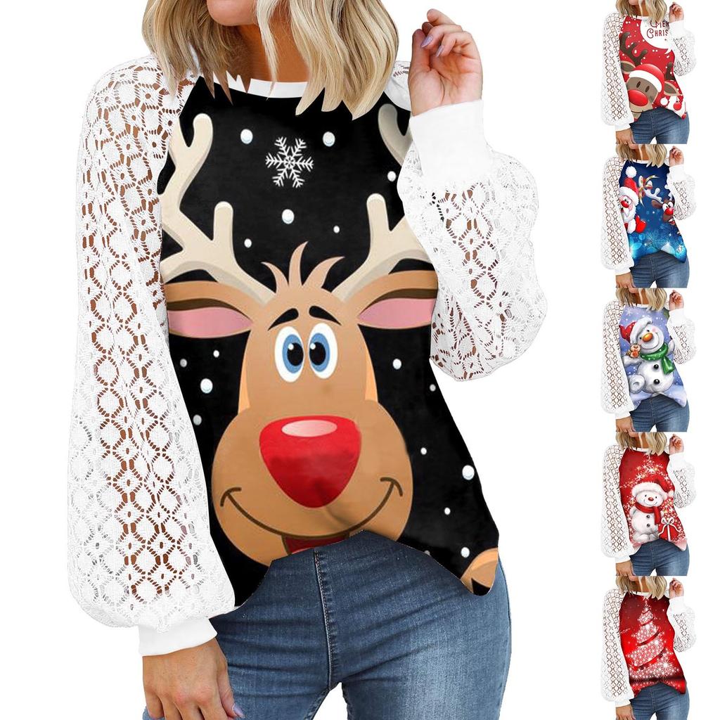 Women’s Christmas  Long Sleeve Tops Lace Casual Loose Blouses T Shirts Tunic Tops