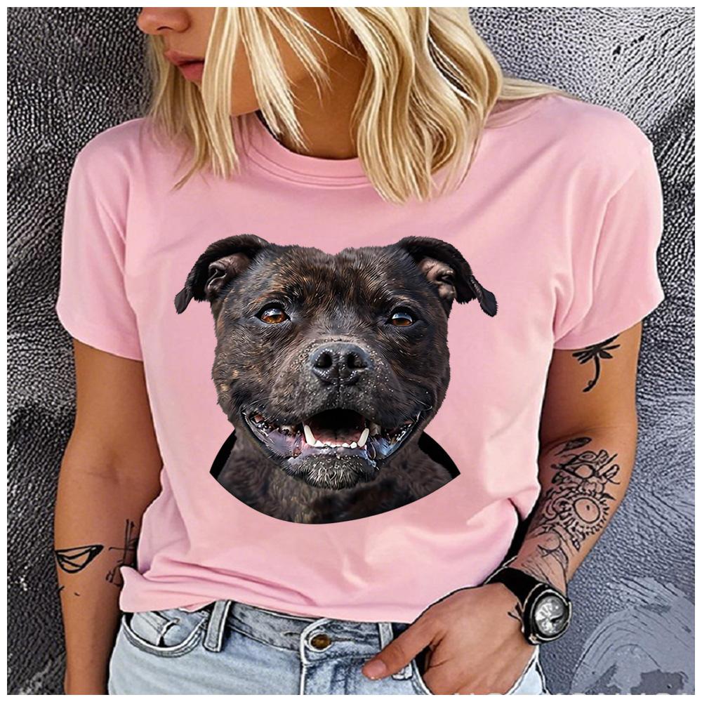 Polyester 100% Cute Brindle Staffordshire Bull Terrier Portrait T-shirt Women Staffy Dog Lover Casual Summer Short Sleeve Graphic T