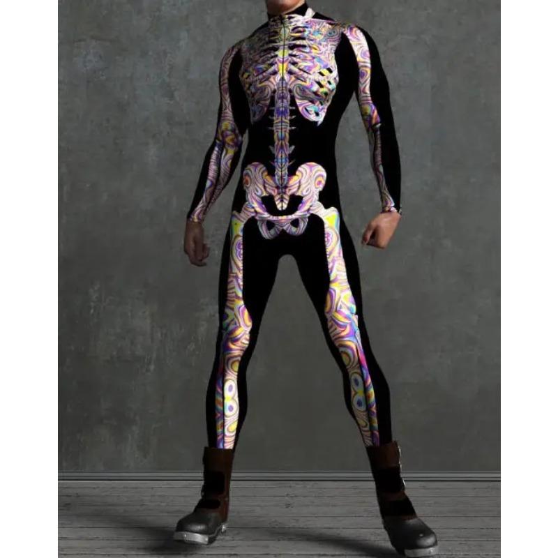 Men Women 3D Colorful Skeleton Bodysuit Cyber Punk Jumpsuit Halloween Party Carnival Cosplay Costume Performance Romper Zentai