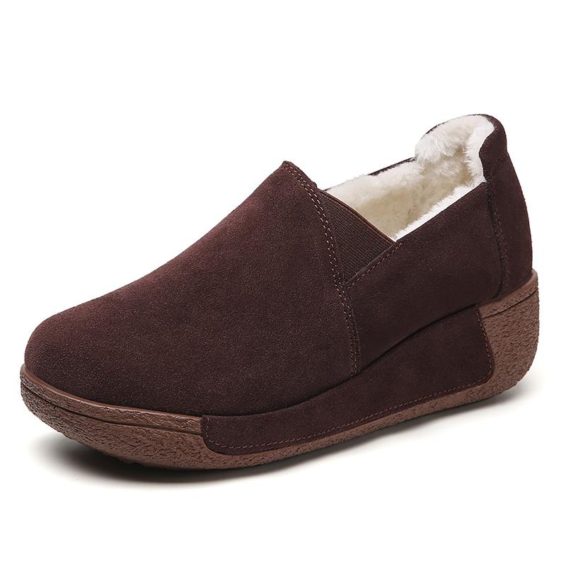 Женские мокасины на платформе Зимние теплые меховые кожаные туфли Женские туфли на толстой подошве Slip on для увеличения роста