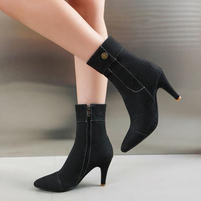 Джинсовые ботильоны для женщин Модные боты Mujer Осень Зима Высокие каблуки Короткие ботинки Женская обувь Черный Синий WSH4976