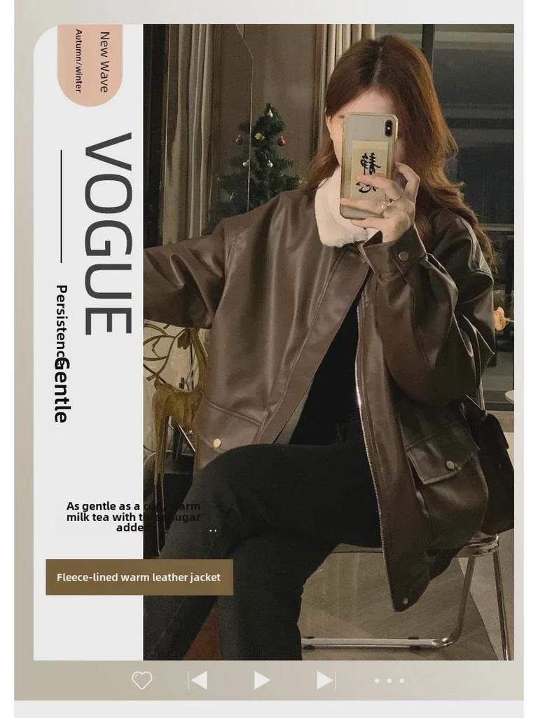 Женское высококачественное зимнее пальто из американской мотоциклетной кожи и хлопка: Корейский стиль, свободный крой, плюс бархат, плотная, короткая куртка.