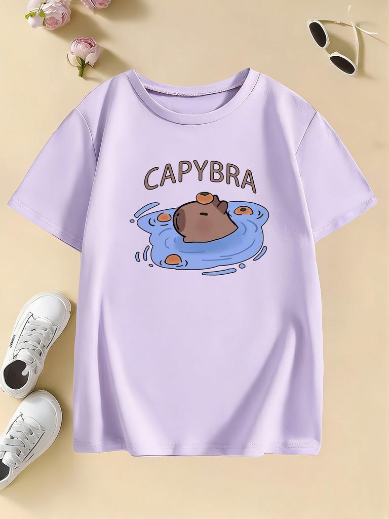 Childrens Swim Capybara Print Design T Shirts Short Sleeve Tees Cartoon Kids Childrens Tshirt Boys Girls Summer Spring
