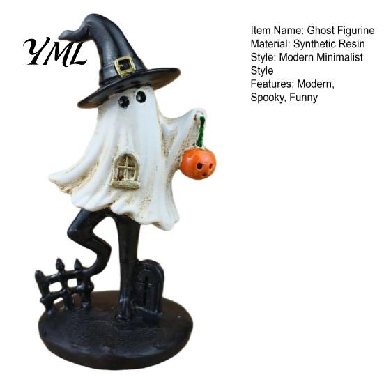Hand Painted Resin Ghost Decor Halloween Figurine, Vintage Cute Holding Unique Gothic Room Accents Pumpkin Lantern Statue for Indoor Home Table