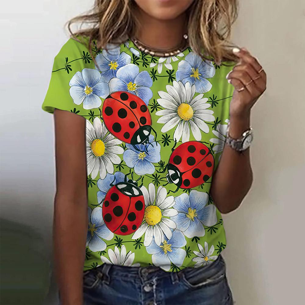 Ladybug Printing Women's T-Shirts Top Short Pullover Sleeved Fashion Street Round-Neck Tee Shirt Female Everyday Clothing Summer