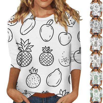 Женские топы с рукавом три четверти и круглым вырезом, свободная футболка с принтом фруктов
