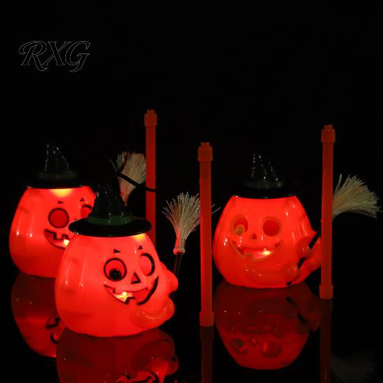 Light Up Pumpkin Decor Glowing Halloween Lantern, Jack O Lantern with Witch Hat Broom, Candy Collecting Decor, Trick or Treat Prop for Kids