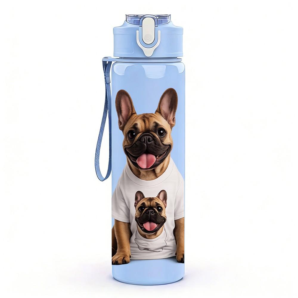 1PC French Bulldog Colorful Print 750ml Color Plastic Sports Water Bottle Leakproof Flip Straw Lid Suitable for Sports Office Home Use