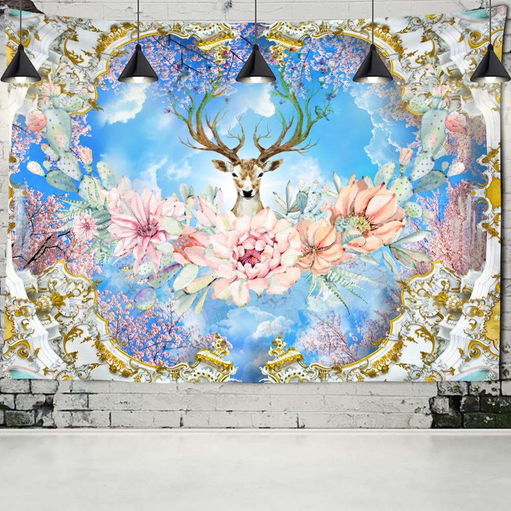 Красочный мультяшный гобелен с изображением лося и леса, настенный психоделический колдовство, хиппи, природный пейзаж, домашний декор, фоновая ткань