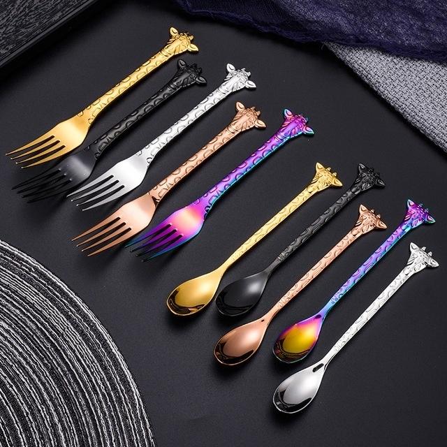1piece 304 Stainless Steel Coffee Spoon Cartoon Giraffe Shaped Spoon Animal Cake Dessert Fork / Spoo