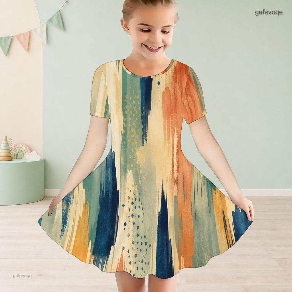 Girls Round Neck Short Sleeve Printed A Line Flared Dress