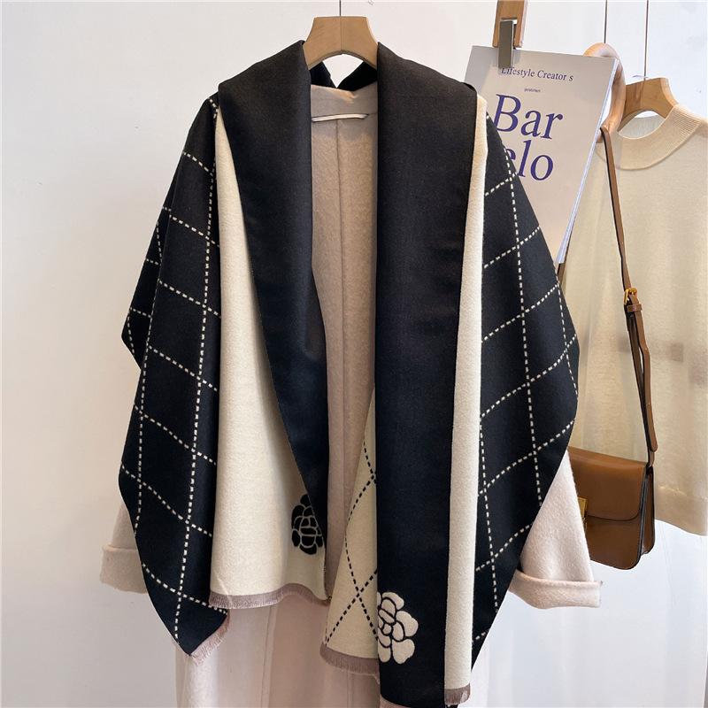 New Versatile Imitation Cashmere Scarf Women's Winter Plaid Flower Long Shawl Student Scarf Thickened Scarf