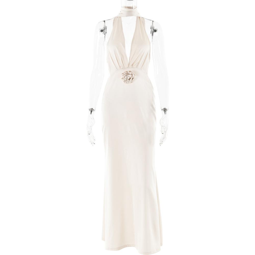 Темперамент Сплошной цвет Глубокий V-образный вырез Длинные платья с завязками на шее и открытой спиной