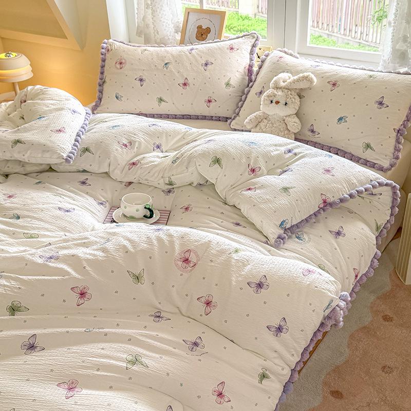 Утолщенное зимнее кружевное одеяло с помпонами – Теплый хлопок для односпального/двуспального общежития, Весна/Осень