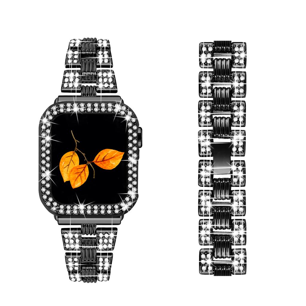 For Apple Watch Series 7 45mm 2-in-1 Design Stainless Steel Rhinestone Thread Watch Strap+Anti-drop Hard PC Watch Case