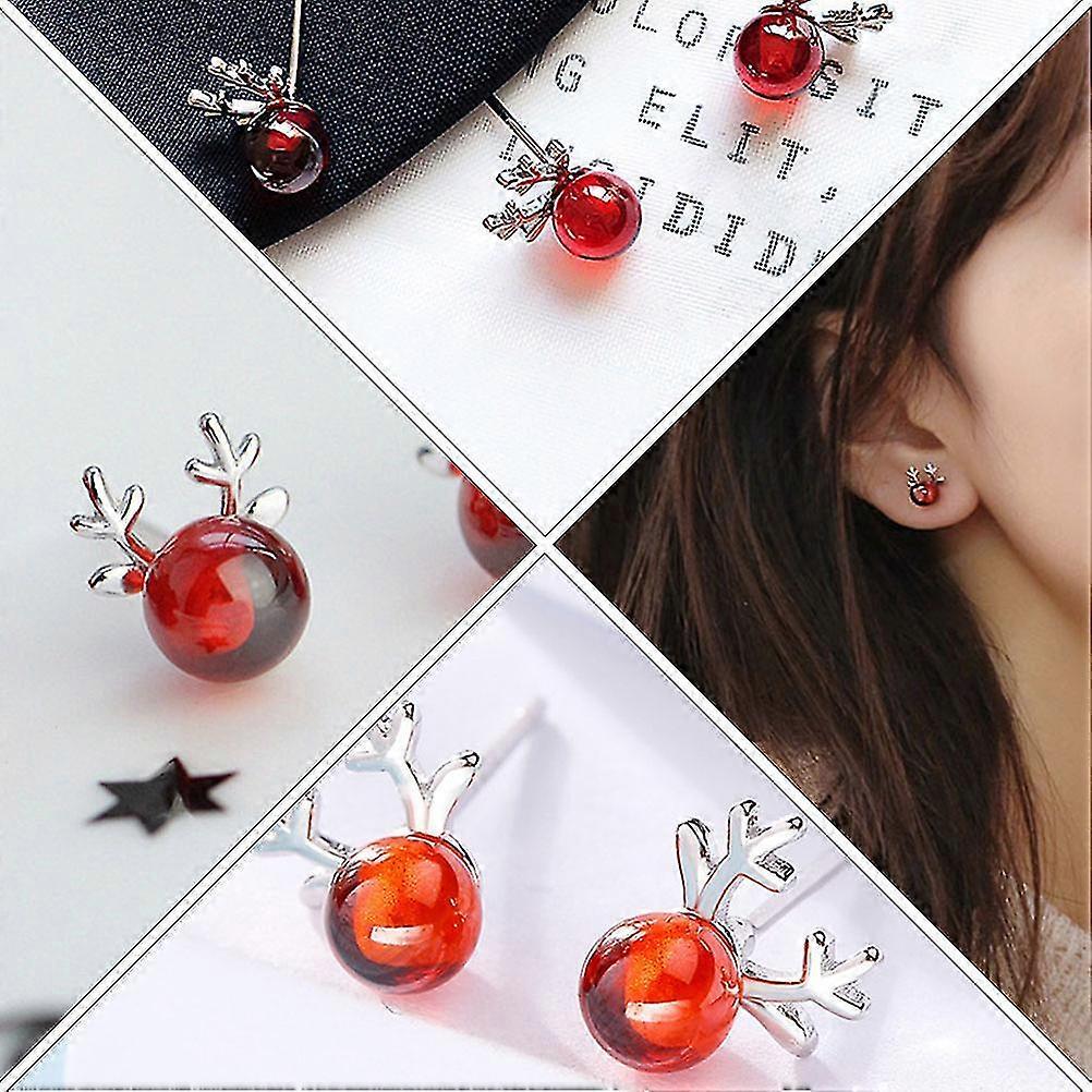 Lovely Elk Earrings Silver Ear Studs for Decoration 3Pairs Red Christmas Design