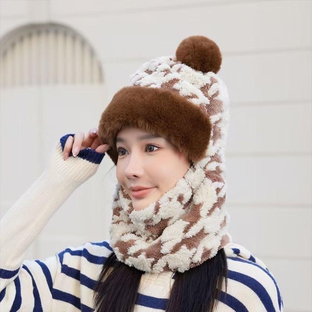 Houndstooth Pattern Plush Ski Mask Scarf Hat Breathable Neck Cover Face Cap  Camping