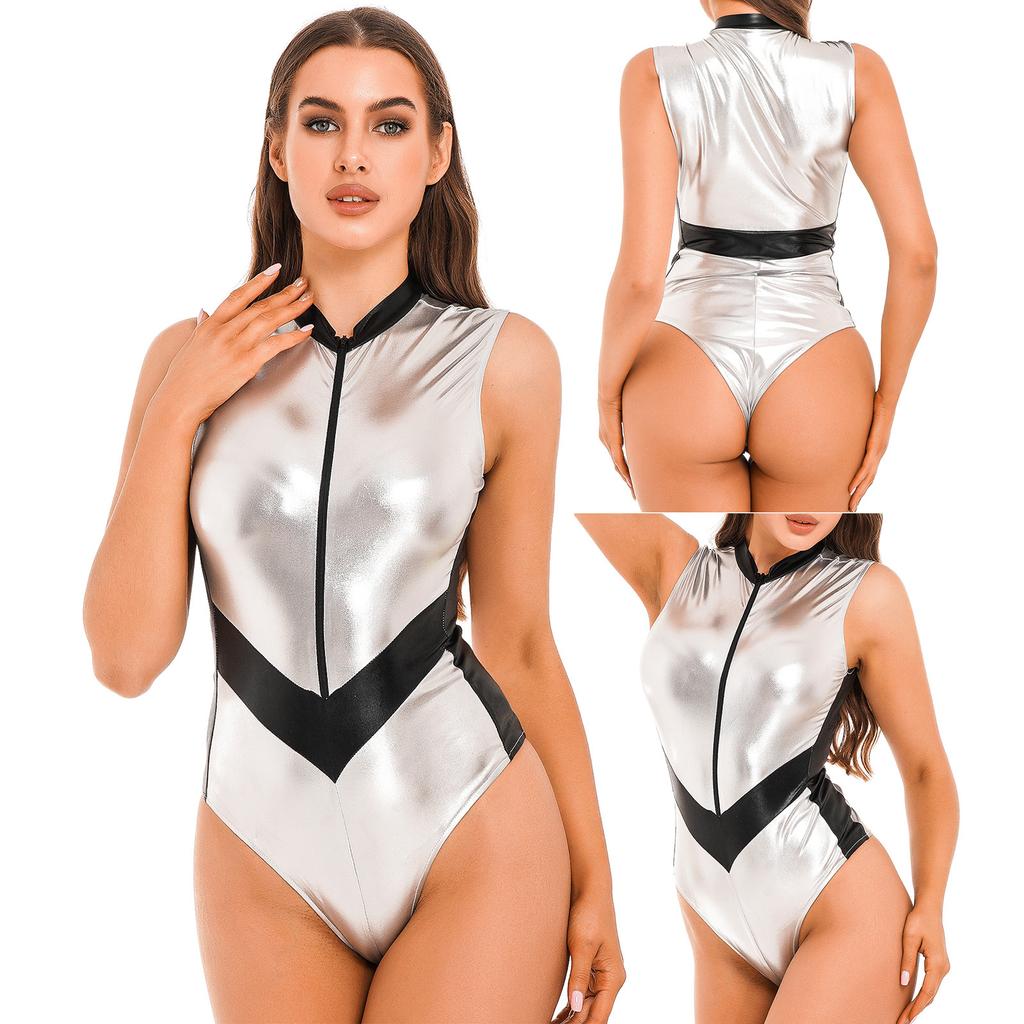 Women Halloween Astronaut Cosplay Costumes Shiny Metallic Zipper Sleeveless Bodysuit Catsuits