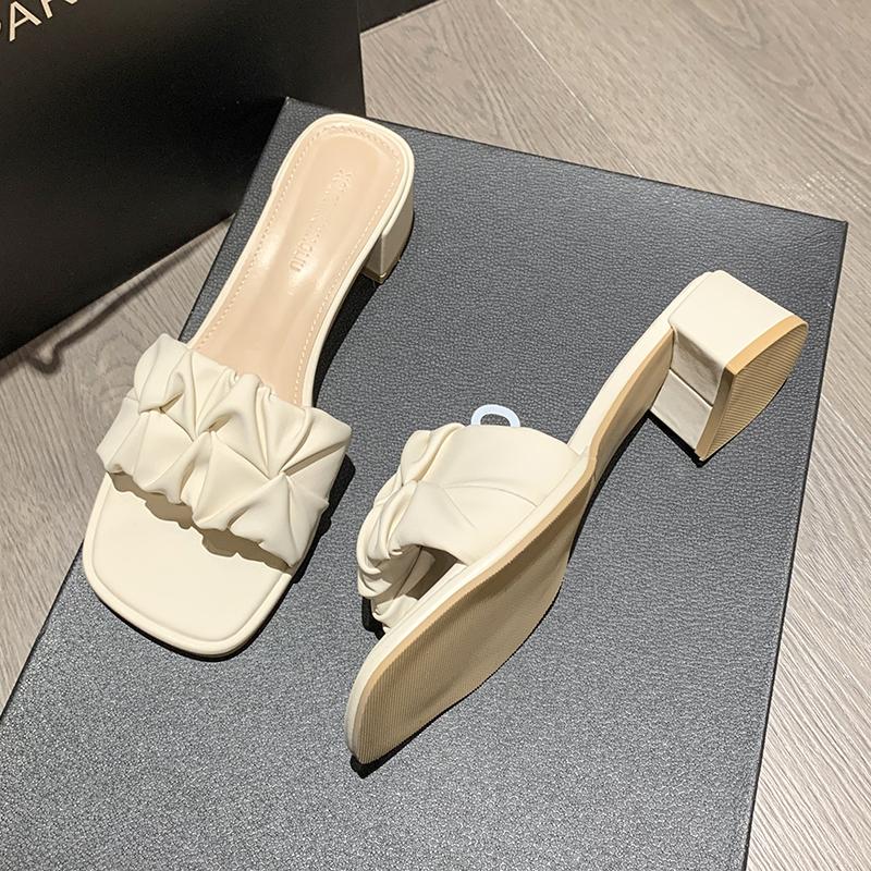 Fashion Square Head Sandals for Women's Summer New Thick Heel Pleated External Wearing Slippers Women Zapatillas De Mujer Ladies Shoes