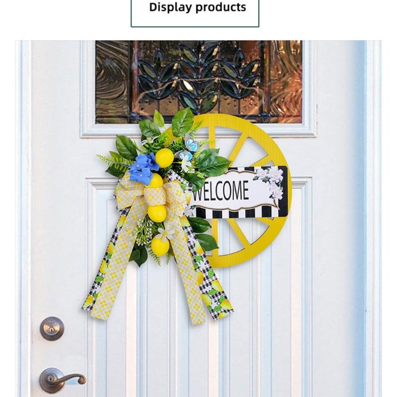 Artificial Spring Wreath with Welcome Wheel, Bowknot Flower Wreath for Front Door, Wedding, Garden Outdoor Decorations
