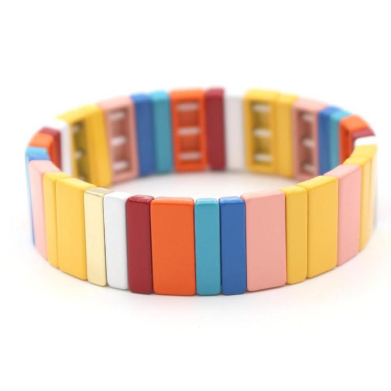 Geometric Enamel Bracelet With Rainbow Beads Multi-Layer Stackable Alloy Bangle Couples Unisex Jewelry
