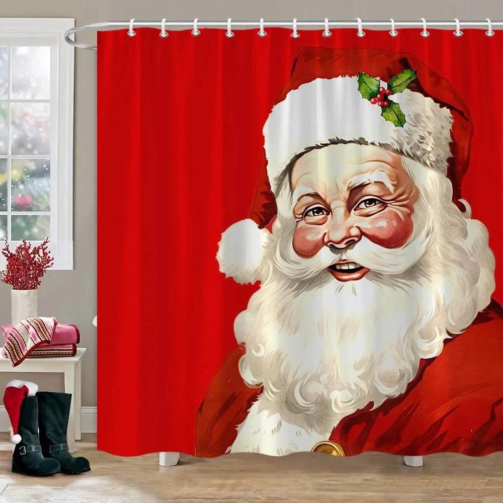 Merry Christmas Shower Curtain Winter Red Truck Snowman Reindeer Snow Farmhouse Shower Curtain Washable Polyester Bathroom Decor