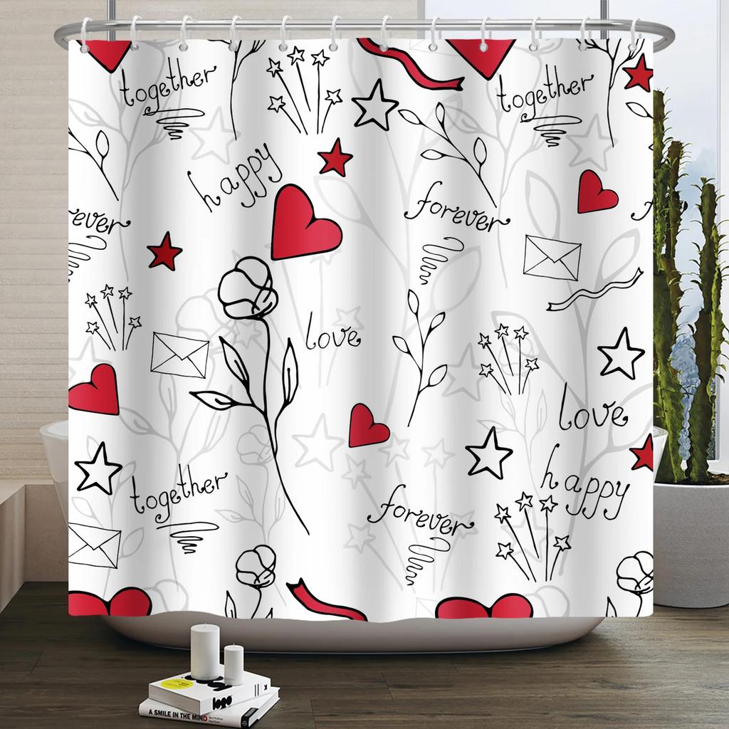 Happy Valentines Day Heart Shower Curtain Red Pink Romantic Falling Love Heart Sweet Lovers Waterproof Bathroom Curtain Decor