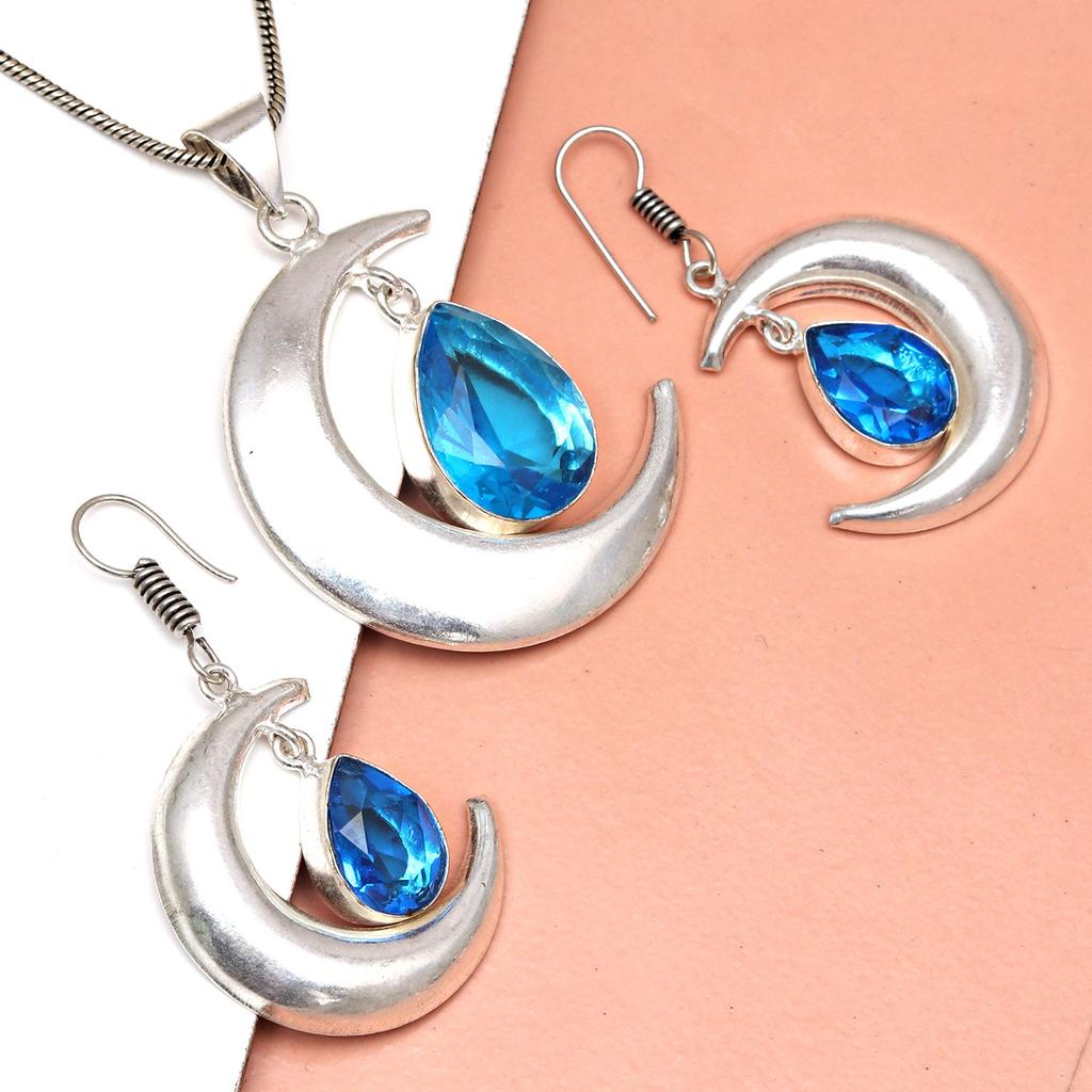 Комплект из серег и подвески ко Дню матери с драгоценным камнем London Blue Topaz