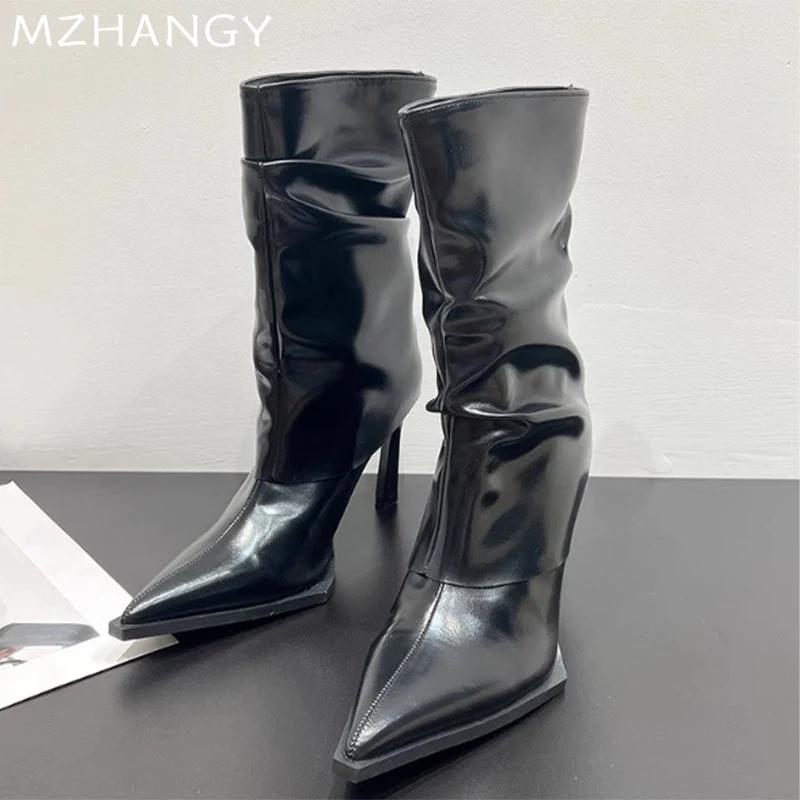 Модные женские кожаные сапоги до середины голени с острым носком, элегантные туфли на высоком каблуке, тренд 2024 года, зимние ботинки челси, сексуальные туфли-лодочки, новые женские ботинки