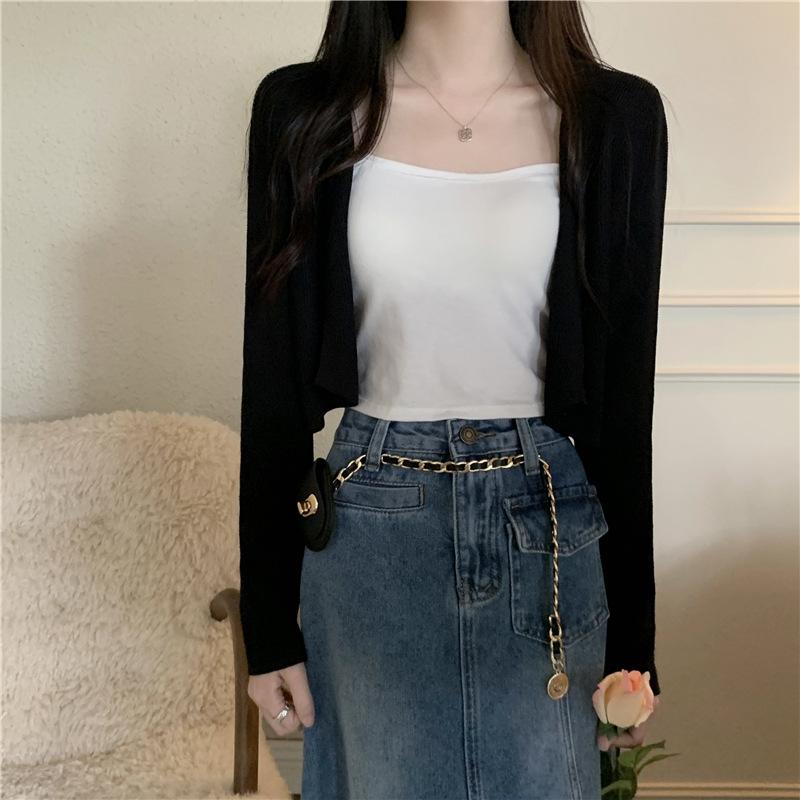 Тонкий трикотажный солнцезащитный кардиган, женская летняя новая свободная укороченная куртка с длинными рукавами поверх накидки