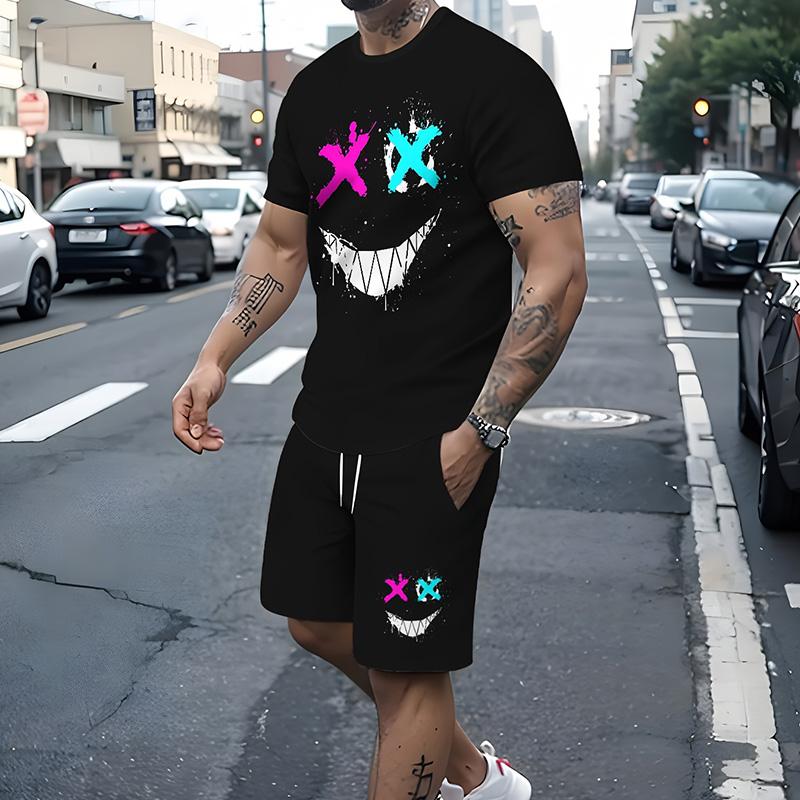 Мужской костюм, летний повседневный дышащий освежающий костюм с принтом 3D Evil Face, большой мужской свободный топ, модный с короткими рукавами