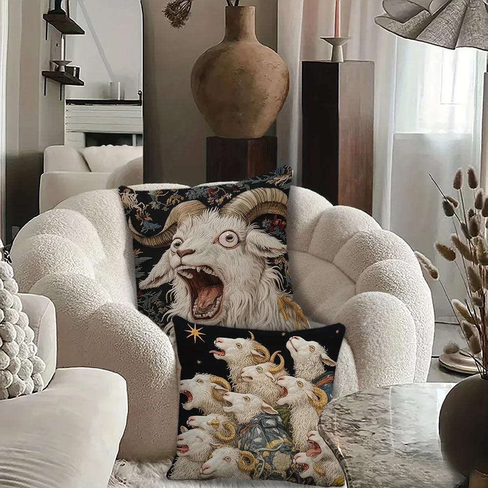 Gothic Dark Pillow Cover Art Goat Cushion Cover Creepy Ram Throw Pillowcase For Sofa Living Room Vintage Home Decor Peach Skin
