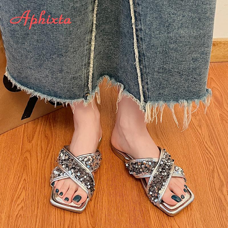 Fashion Aphixta Bling Sequined Decoration Flat With Slippers Cross Straps Casual Women Outside Slides Square Toe Summer Sandals Shoe