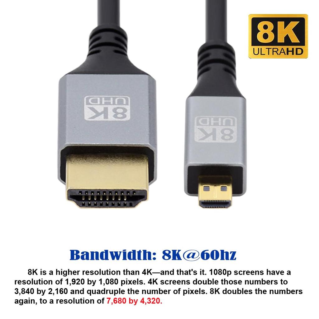 Xiwai 8K Micro HDMI HDTV To 4K Hyper Flexible Slim Cord for Cameras and HDTVs 2.1 Ultra-Thin Cable, 0.5m Type-A Type-D,