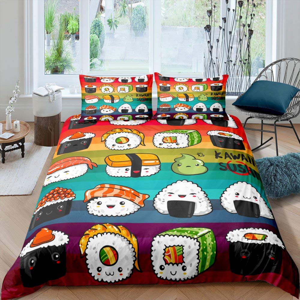 Japanese Sushi King Queen Duvet Cover Little Cat Bedding Set Novelty Cartoon Pet Animal Japan Food White Polyester Quilt Cover