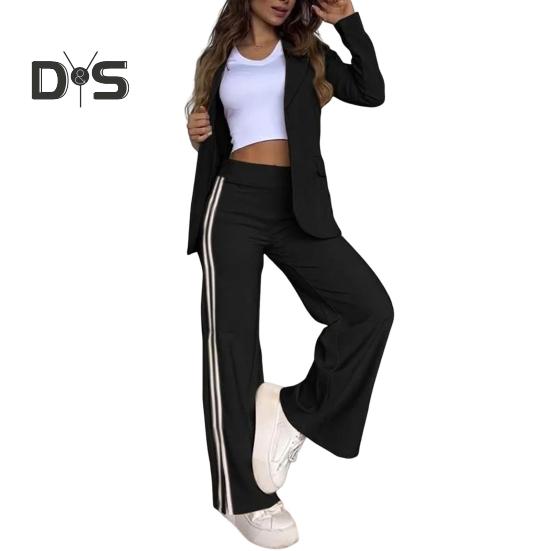 Комплект из 2 предметов: пальто и брюки для леди, отложной воротник, длинные рукава, свободные полосатые брюки с широкими штанинами, повседневная одежда для поездок на работу