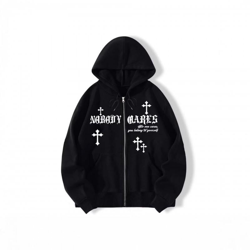 2026 Gothic Letter Print Zip Up Hoodie Unisex Casual Sweatshirt Teens