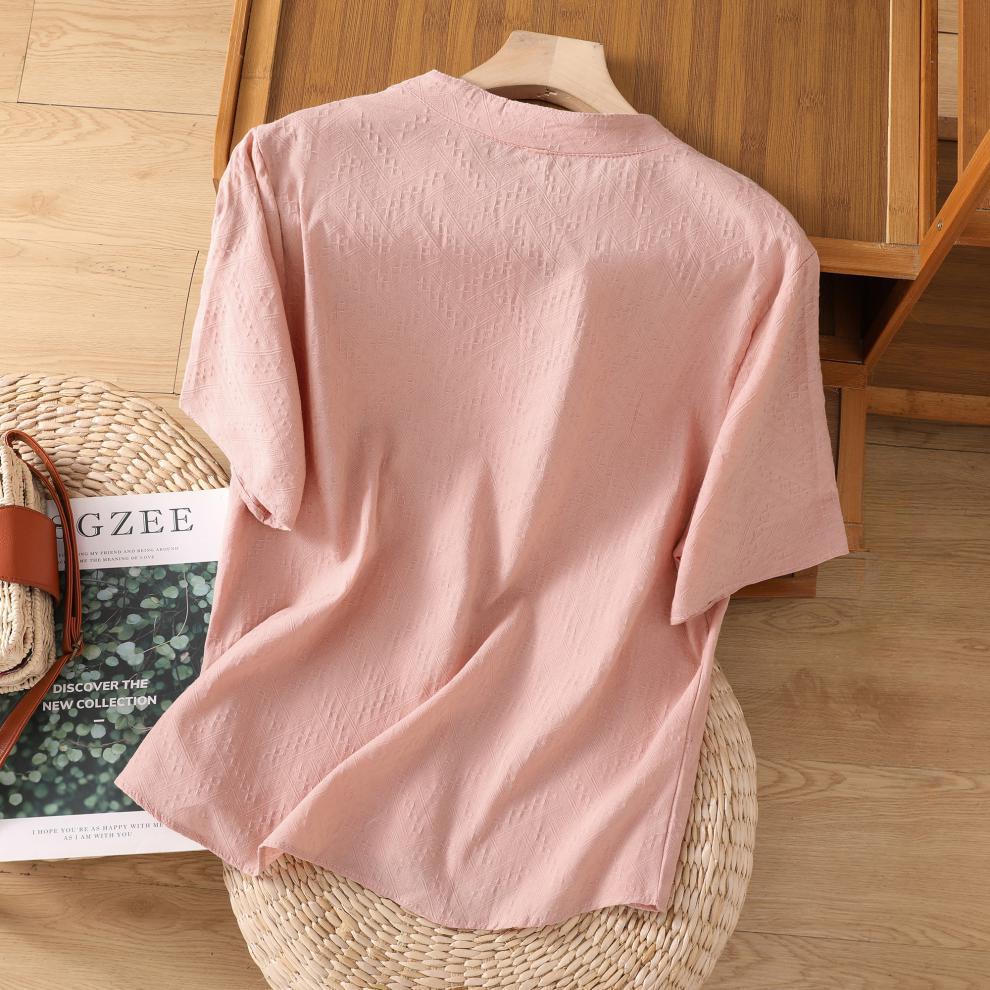 Женская футболка с коротким рукавом, летняя, из хлопка и льна, повседневная, с V-образным вырезом, вышитая блузка