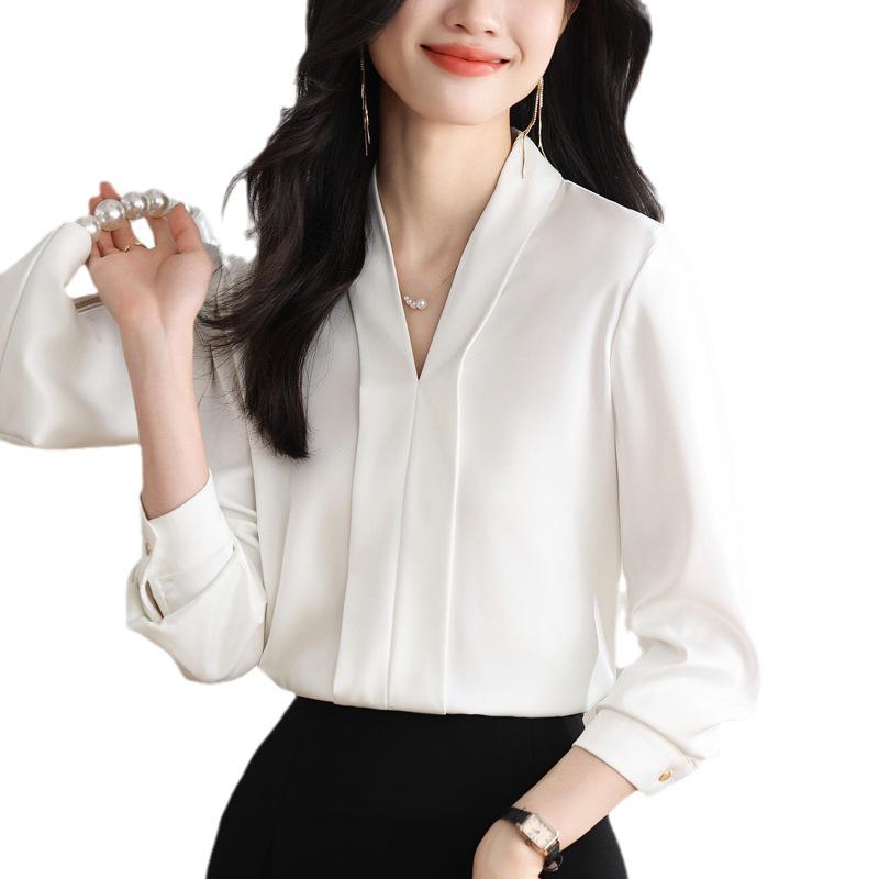 Женская белая шифоновая рубашка с V-образным вырезом: Осенняя драпировка, Профессиональный и формальный дизайн