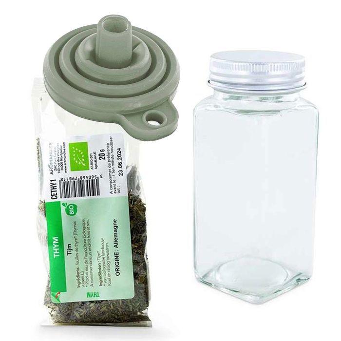 Flacon à épices poudreur + entonnoir + thym bio 20 g