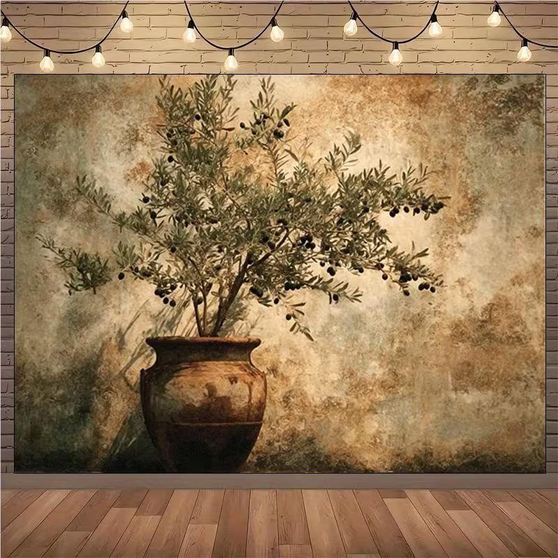 2D Minimalist Greenery Backdrop, Vintage Olive Tree in Rustic Pot Background